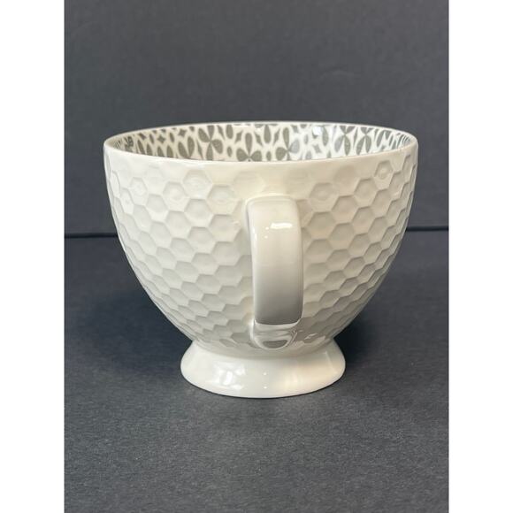 Embossed Mug White Gray Geometric Pattern Inside Honeycomb Footed Coffee Cup - Picture 3 of 9